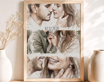 Custom Watercolor Couple Photo Collage with Date, Personalized Anniversary Portrait