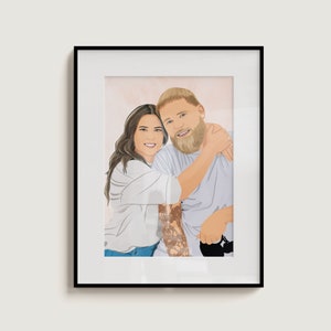 May include: A digital illustration of a couple, a woman with long brown hair and a man with a beard, embracing each other. The woman is wearing a white shirt and blue jeans, and the man is wearing a light blue shirt. The background is a soft pink.