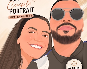May include: Digital illustration of a couple's portrait. The image features a man wearing sunglasses and a woman smiling. Text reads "CUSTOM Couple PORTRAIT MADE FROM YOUR PHOTO" and "24-48 HRS DELIVERY".