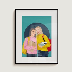 May include: Two friends, one with blonde hair and one with brown hair, are standing close together and smiling. They are both wearing backpacks and holding books. The background is a teal blue with a black circle.