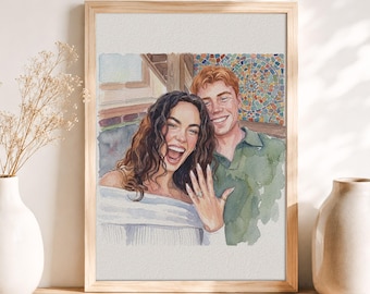 Custom Watercolor Ring Reveal Portrait from Photo, Newly Engaged Announcement Gift