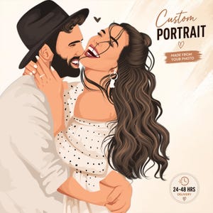 Könnte beinhalten: Digitale Illustration eines sich umarmenden Paares, wobei die Frau lacht. Der Mann trägt einen schwarzen Hut und einen Bart. Die Frau trägt ein weißes Kleid mit schwarzen Punkten. Text: "Custom PORTRAIT" und "MADE FROM YOUR PHOTO".