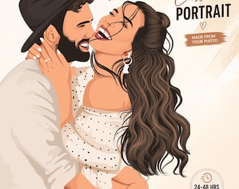 May include: Digital illustration of a couple embracing, with the woman laughing. The man wears a black hat and has a beard. The woman wears a white dress with black polka dots. Text reads "Custom PORTRAIT" and "MADE FROM YOUR PHOTO".