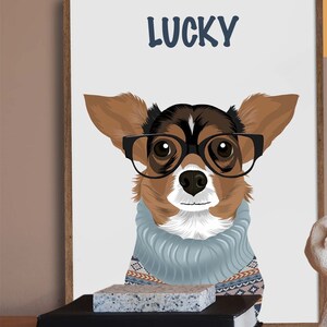 May include: A digital illustration of a brown and white chihuahua wearing blue-rimmed glasses and a blue and brown patterned sweater. The dog's name, "LUCKY", is written in blue letters above the dog.