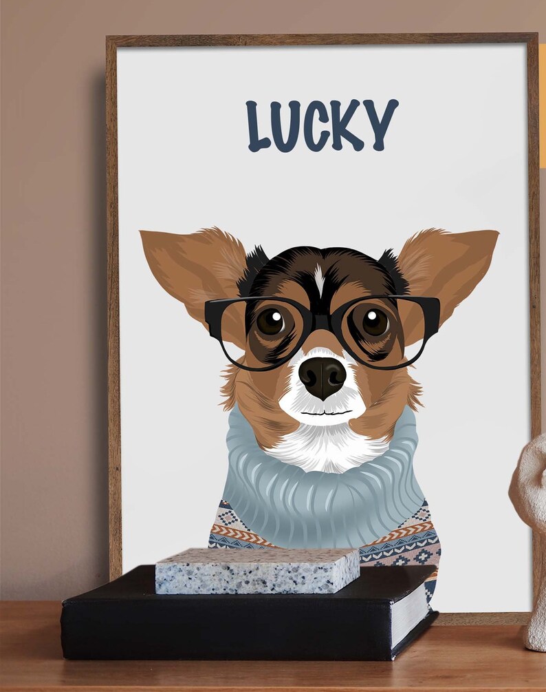 May include: A digital illustration of a brown and white chihuahua wearing blue-rimmed glasses and a blue and brown patterned sweater. The dog's name, "LUCKY", is written in blue letters above the dog.