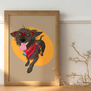 May include: A brown and black dog wearing red glasses and a red bandana with a blue tag that says "HELLO" on it. The dog is standing on a yellow circle against a brown background.
