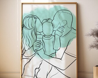 Custom Line Art Family Portrait from Photo, Parents and Child Keepsake Gift