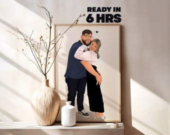 May include: A digital illustration of a couple hugging, the man is wearing a blue shirt and the woman is wearing a white shirt and black pants. The illustration is framed and ready in 6 hours.