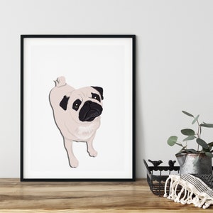 May include: A framed illustration of a pug dog with black fur around its eyes and ears, looking up at the viewer. The dog is standing on a white background.