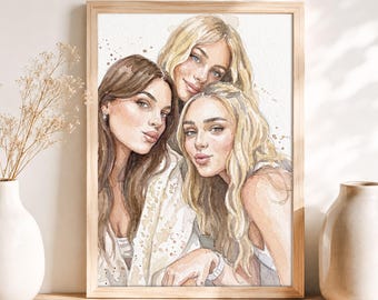Custom Watercolor Sisters Portrait from Photo, Group Friends Watercolor Gift