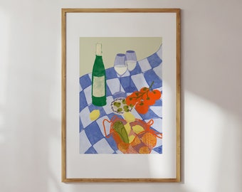 Italian Picnic Wall Art, Wine and Olives Art, Checkered Poster