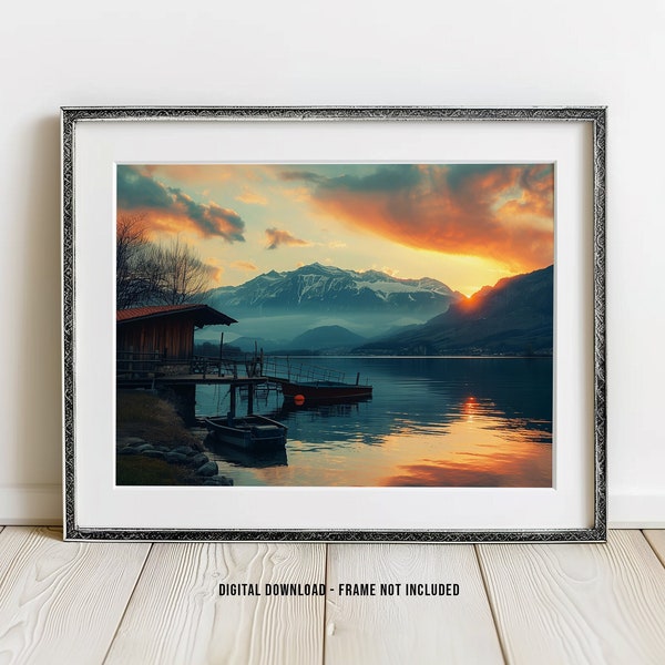 Alpine Lake Sunset | Majestic Mountain Digital Art | Tranquil Waterscape Printable | Nature Inspired Wall Art | Photography Print