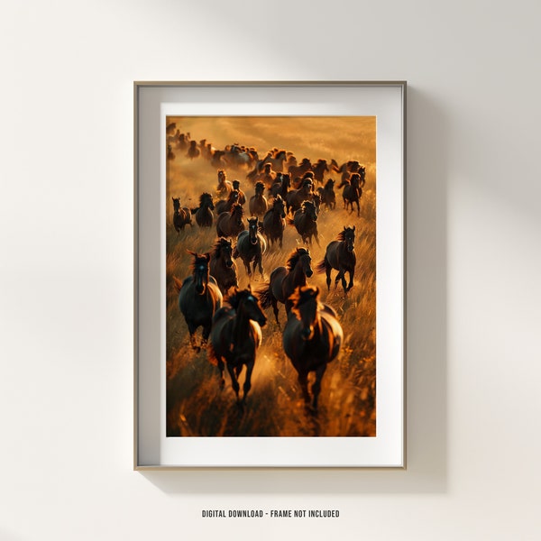 Sunset Stampede, Golden Hour Horse Herd, Wild Horses Running, Rustic Country Wall Art, Printable Download