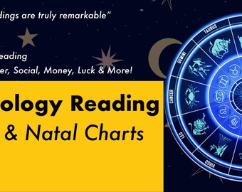 May include: A blue and black astrology chart with the zodiac signs and symbols. The text "Astrology Reading Birth & Natal Charts" is on a yellow background. The quote "Their readings are truly remarkable" is on a dark blue background with stars.