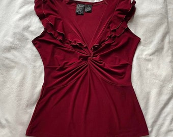 Vintage Y2K Red Ruffled Short-Sleeve Twist-Front Blouse