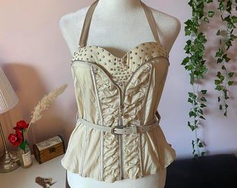 Y2K crèmekleurige halter korsettop met studs