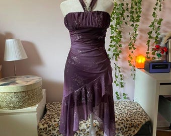 Vintage Y2K purple fairycore halter neck dress with sparkly floral details and asymmetrical hemline