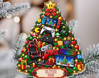 Personalized Gamer Christmas Tree Acrylic Ornament, Custom Name Gaming Tree 2D Ornament, Video Game Gift for Boy, Son, Teen or Gamer