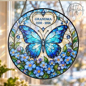 Forget Me Not Butterfly Glass Suncatcher, Personalized Memorial Window Hanging, Loss of Grandma Mom Gift, Custom Sympathy Keepsake