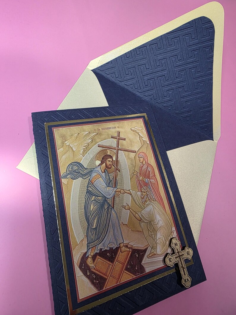 Greek Orthodox the Resurrection Icon Handmade Card With Wooden Cross ...