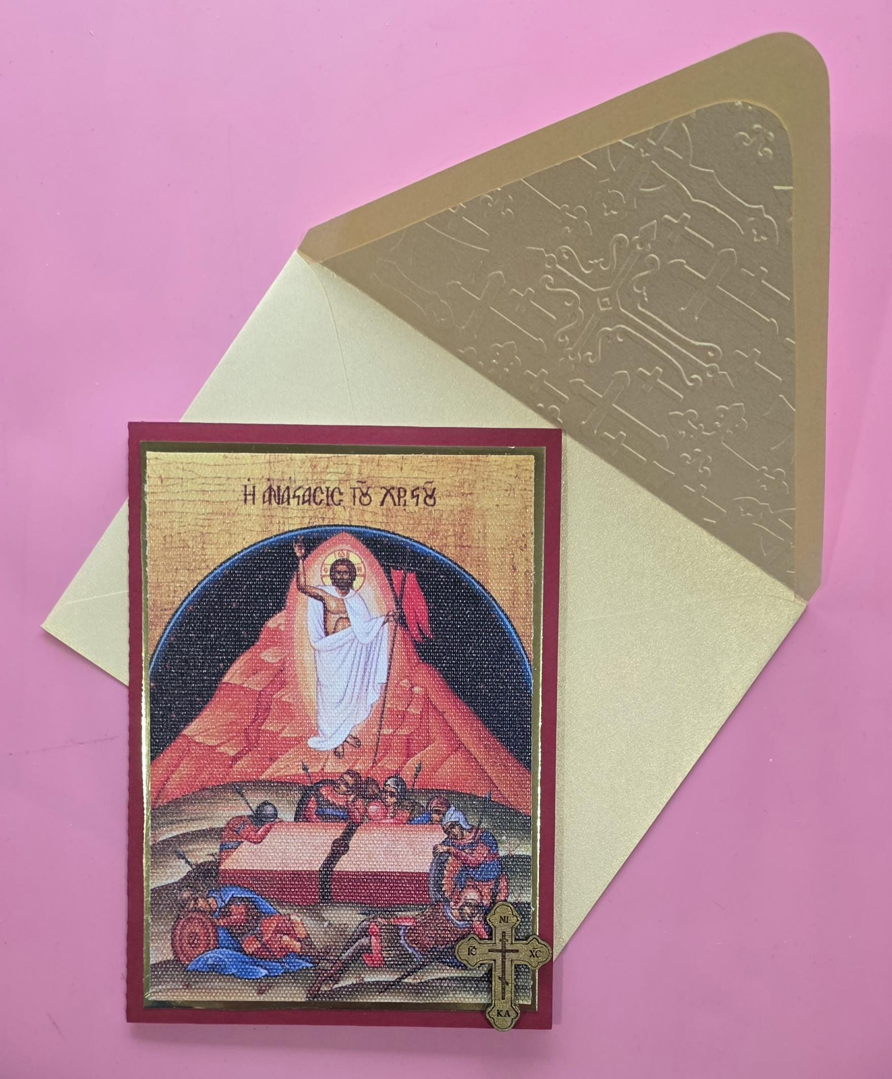 Greek Orthodox Resurrection Icon Handmade Card With Wooden Cross and ...