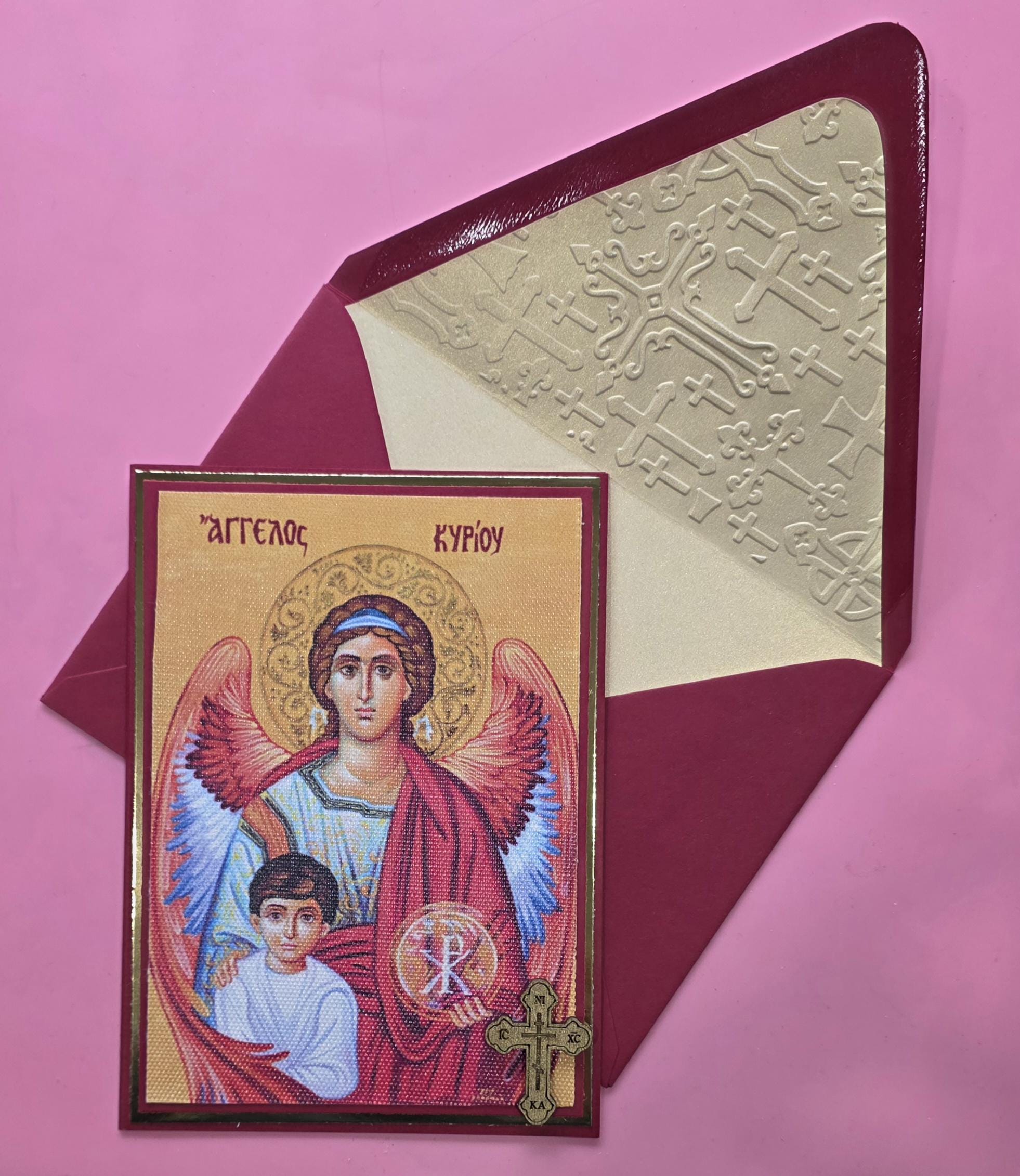 Greek Orthodox Guardian Angel Icon Handmade Card With Wooden Cross and ...