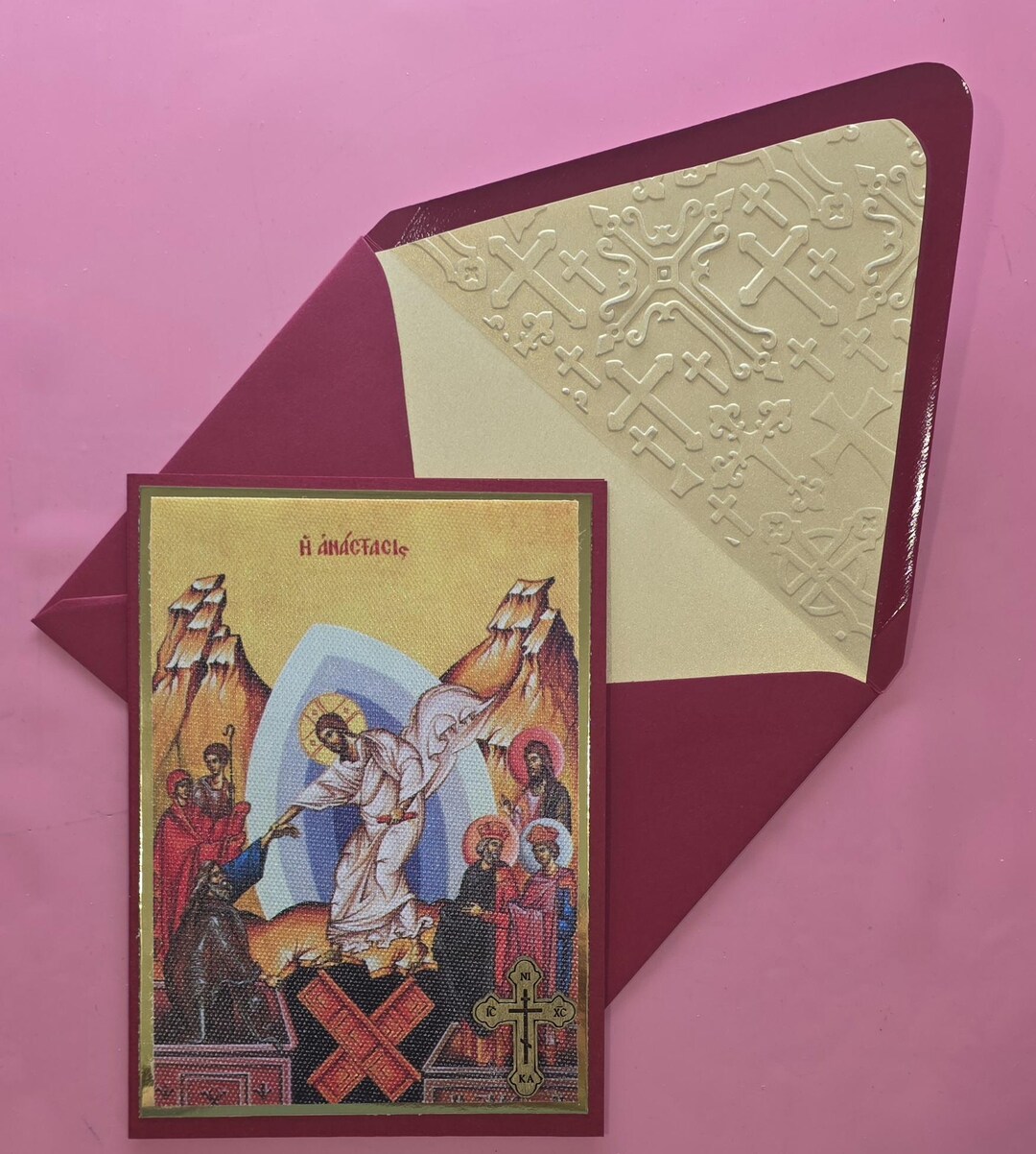 Greek Orthodox Resurrection Icon Handmade Card With Wooden Cross and ...