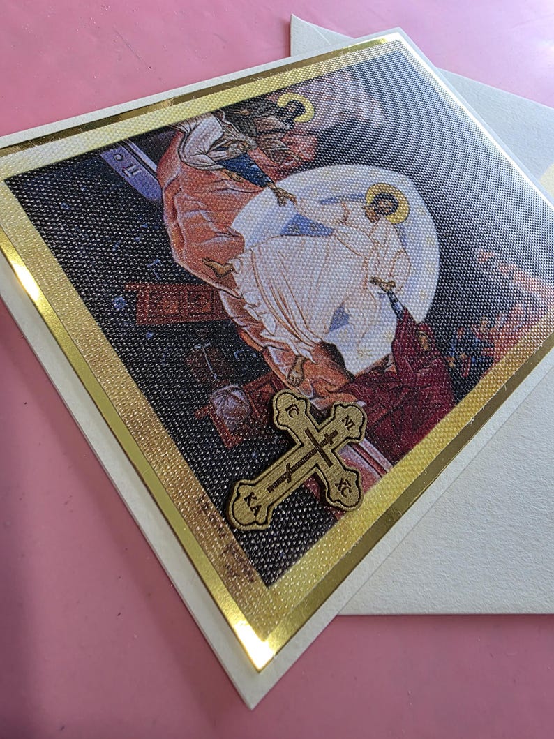 Greek Orthodox Resurrection Icon Handmade Card With Wooden Cross and ...