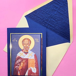 Greek Orthodox Saint Nicholas icon handmade card and lined embossed  envelope
