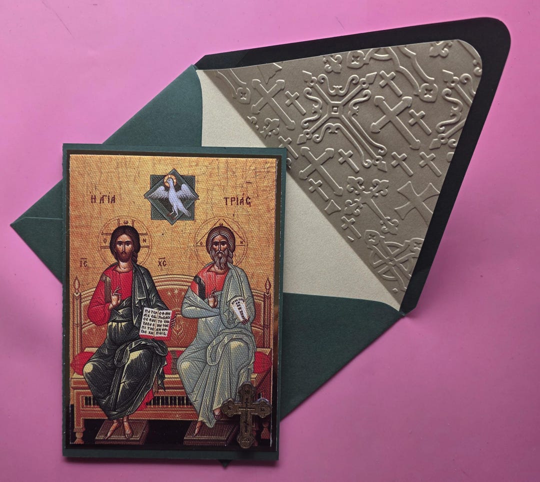 Greek Orthodox Holy Trinity Icon Handmade Card With Wooden Cross and ...