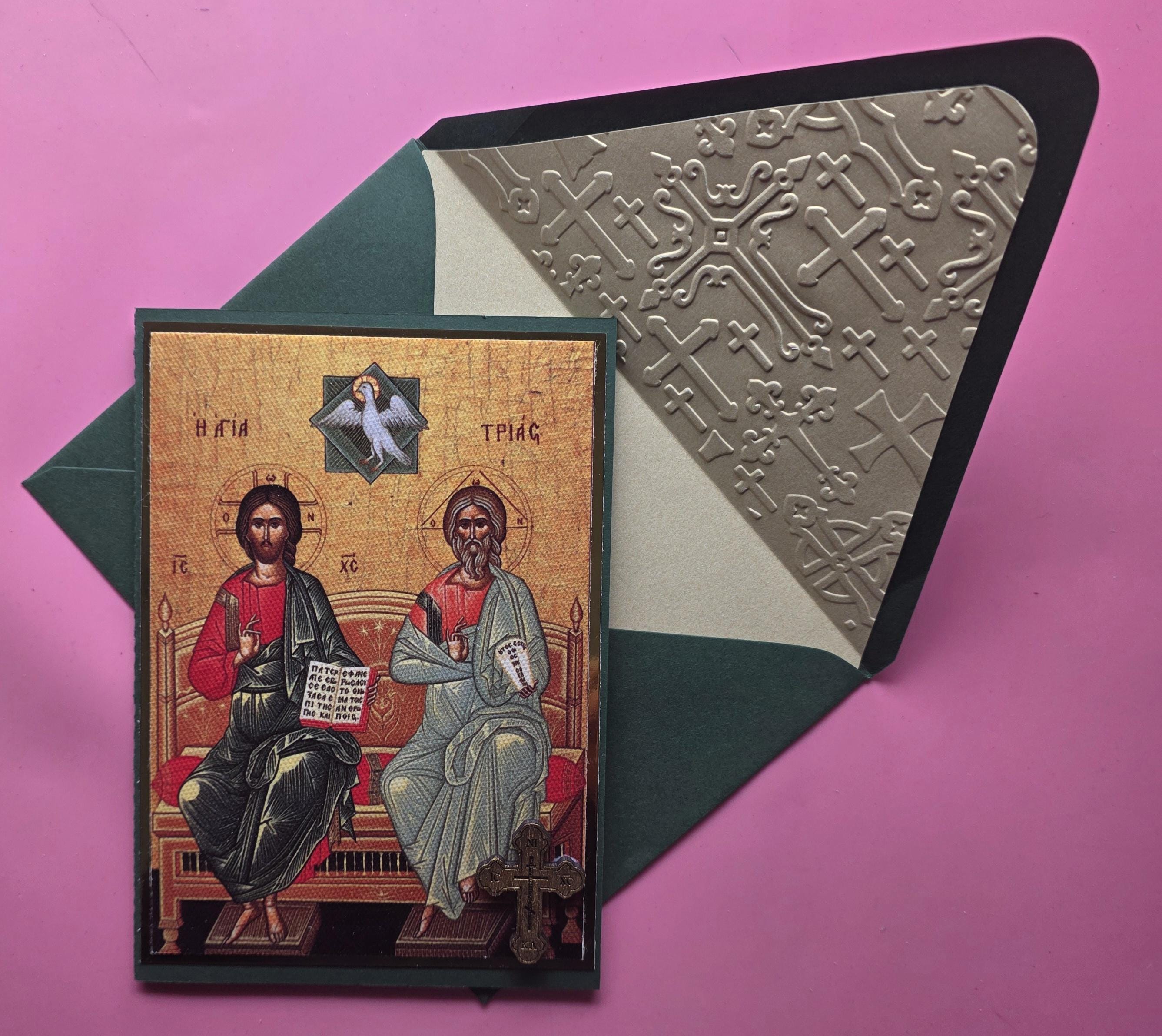 Greek Orthodox Holy Trinity Icon Handmade Card With Wooden Cross and ...