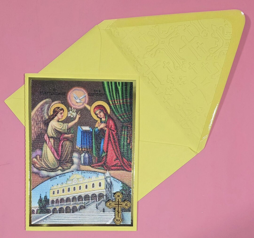 Greek Orthodox Annunciation Icon Card With Wooden Cross, Tinos Temple ...