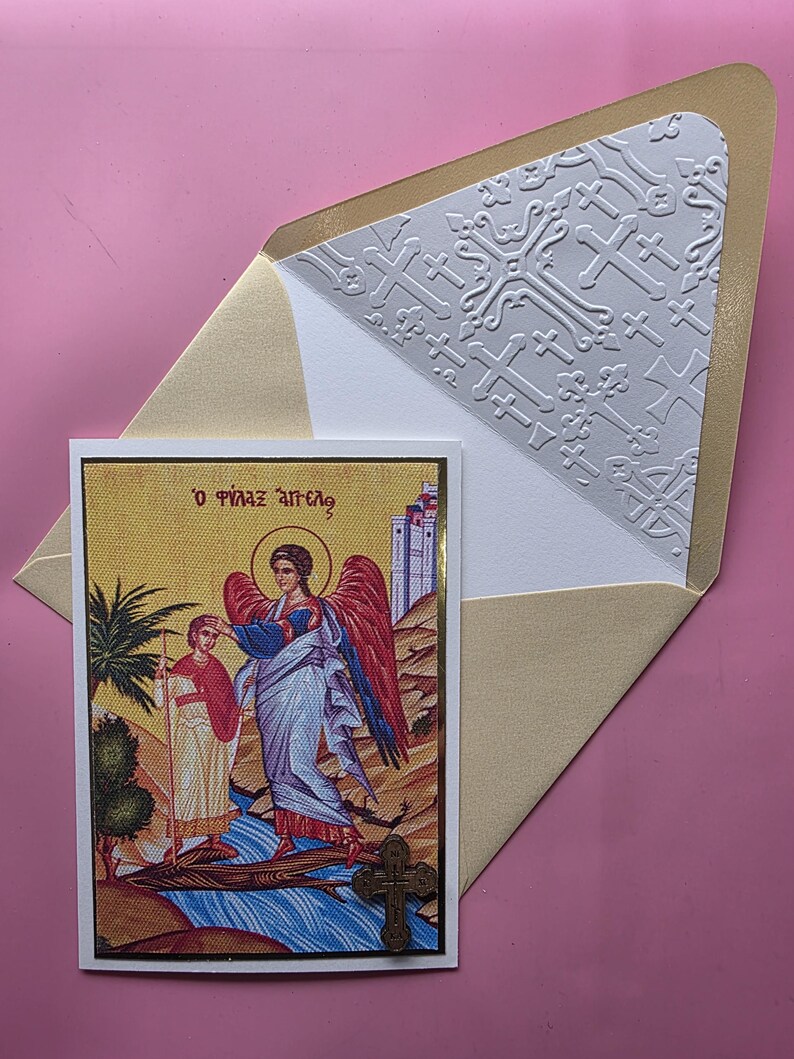 Greek Orthodox Guardian Angel Icon Handmade Card With Wooden Cross and ...