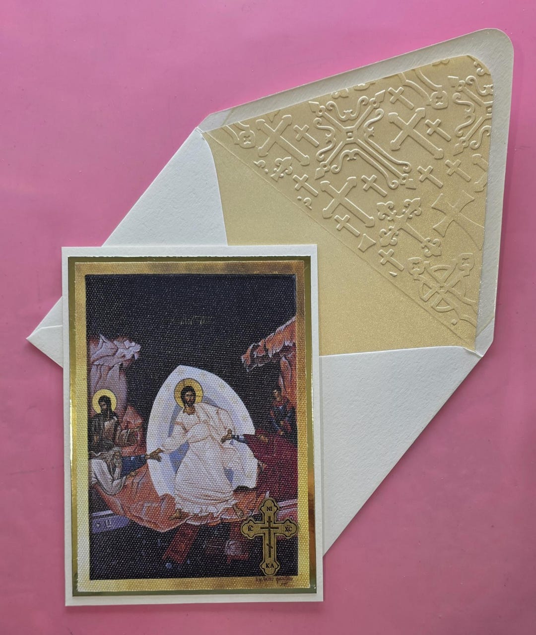 Greek Orthodox Resurrection Icon Handmade Card With Wooden Cross and ...