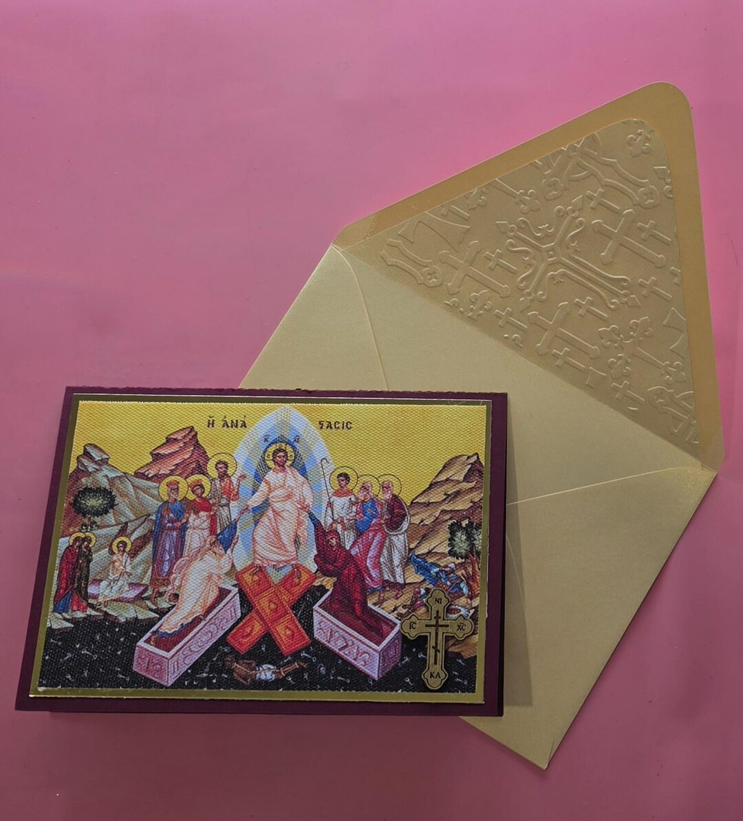 Greek Orthodox Resurrection Icon Handmade Card With Wooden Cross and ...