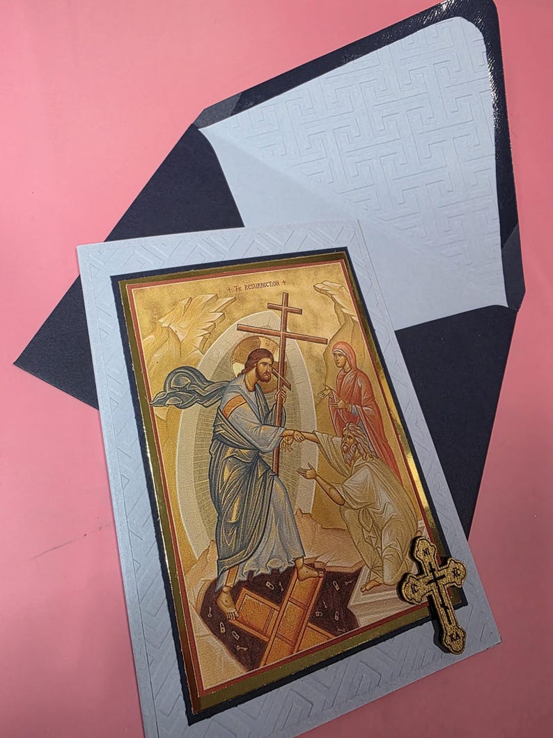 Greek Orthodox the Resurrection Icon Handmade Card With Wooden Cross ...
