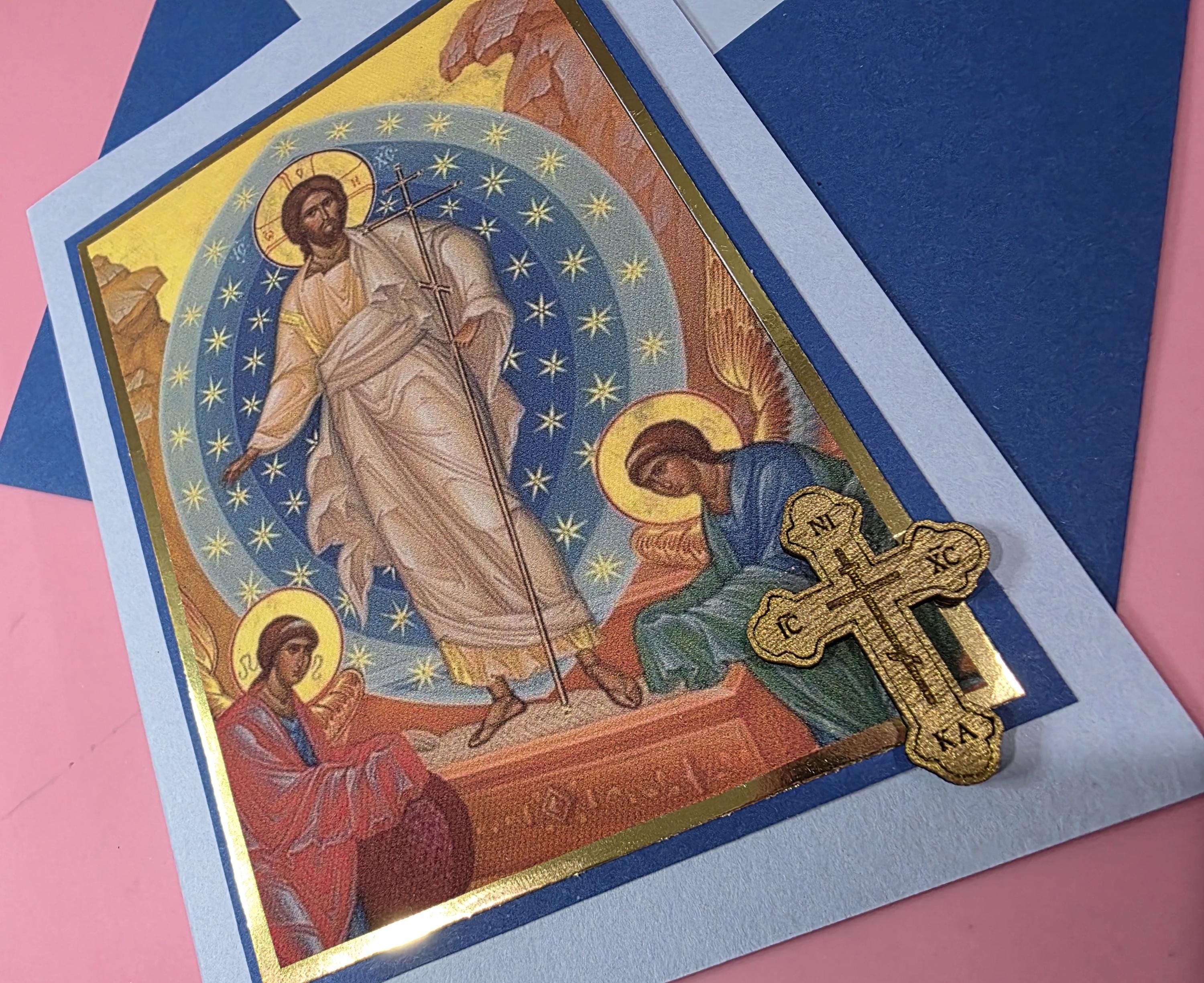 Greek Orthodox the Resurrection Icon Handmade Card With Wooden Cross ...