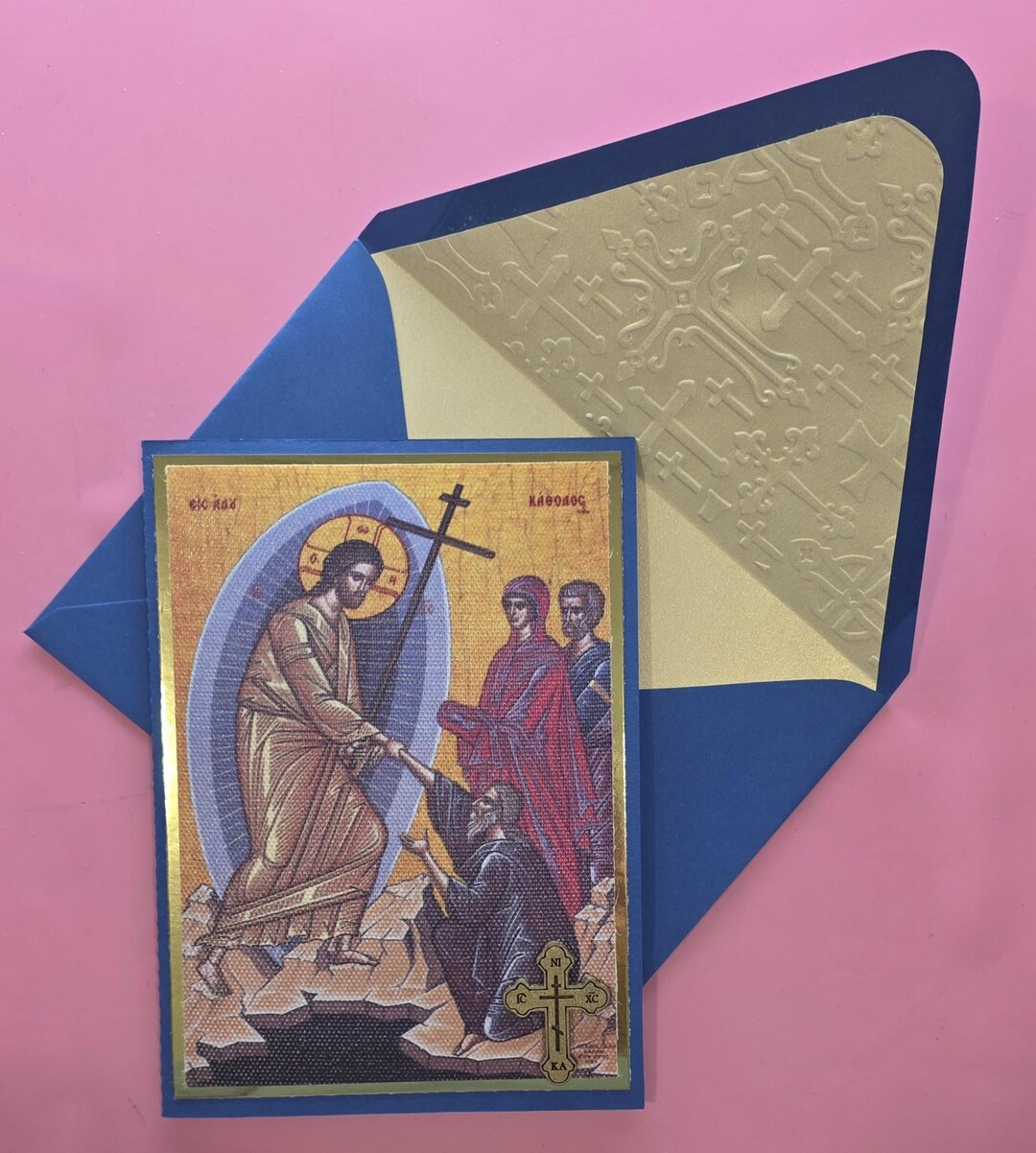 Greek Orthodox Resurrection Icon Handmade Card With Wooden Cross and ...