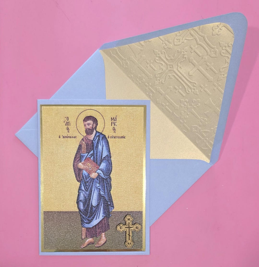 Greek Orthodox Saint Mark Icon Handmade Card With Wooden Cross and ...