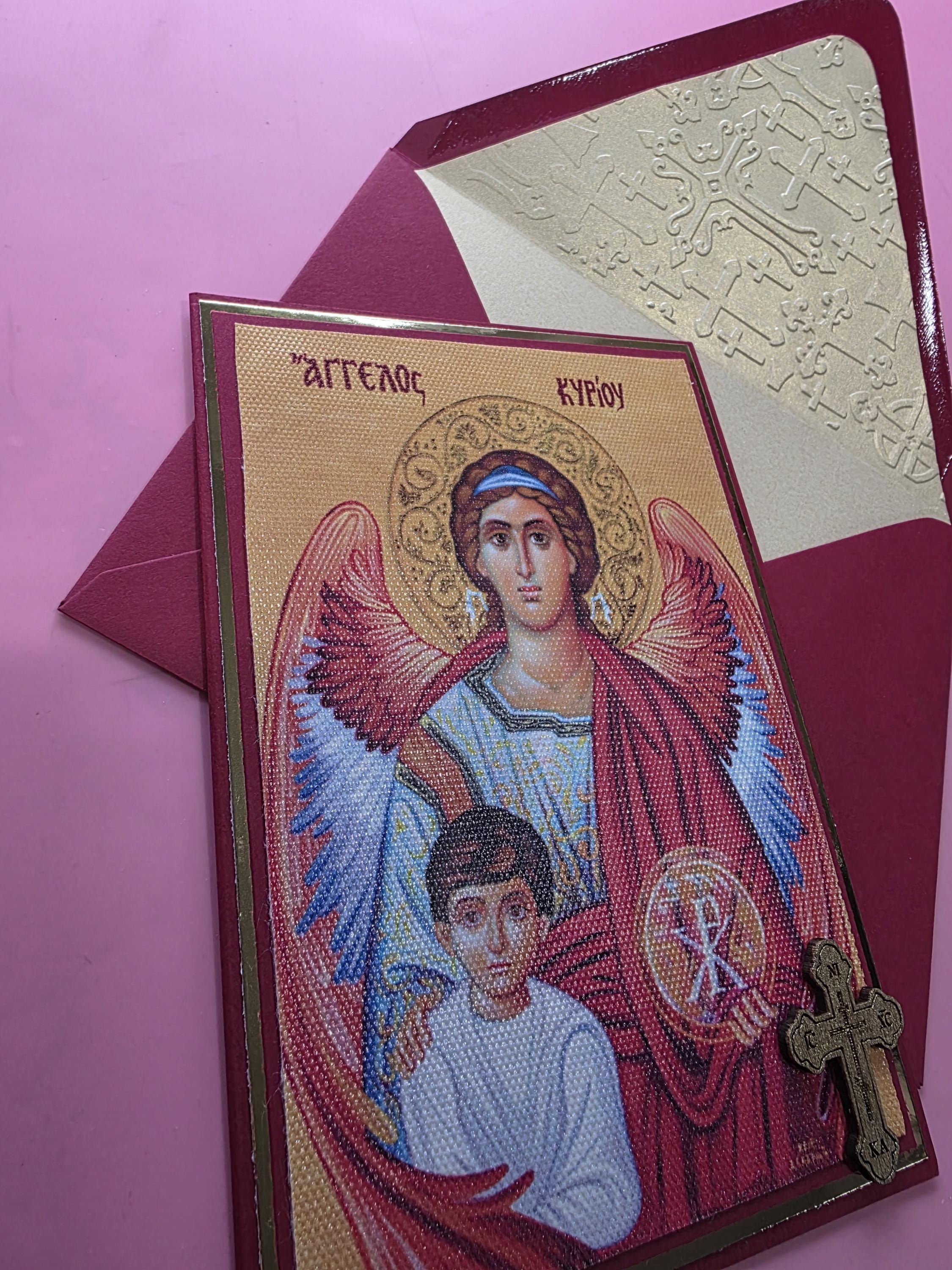 Greek Orthodox Guardian Angel Icon Handmade Card With Wooden Cross and ...
