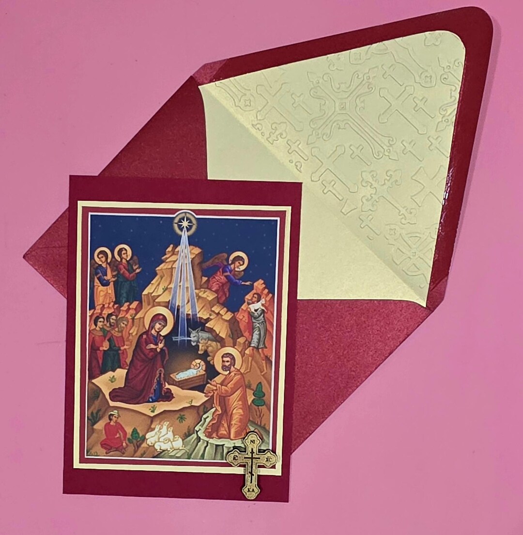 Greek Christmas Icon Handmade Card With Wooden Cross, Lined Embossed ...