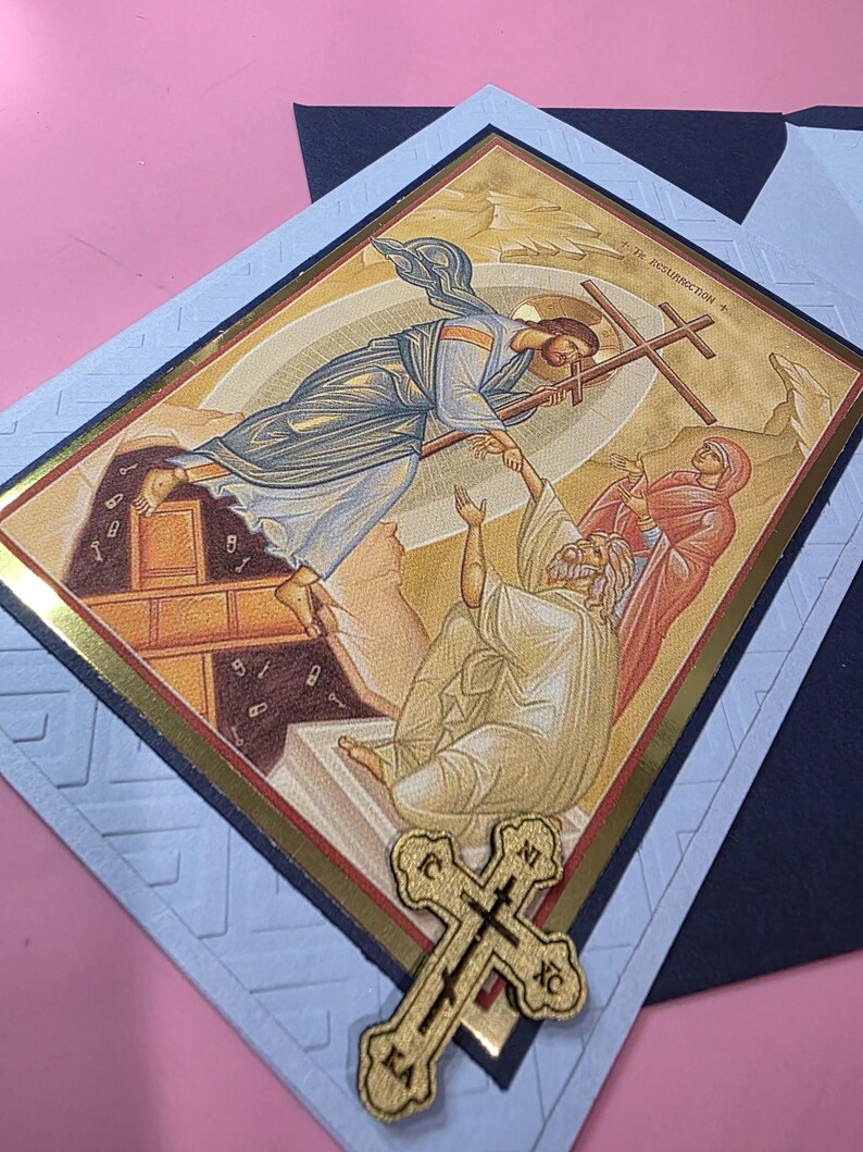 Greek Orthodox the Resurrection Icon Handmade Card With Wooden Cross ...