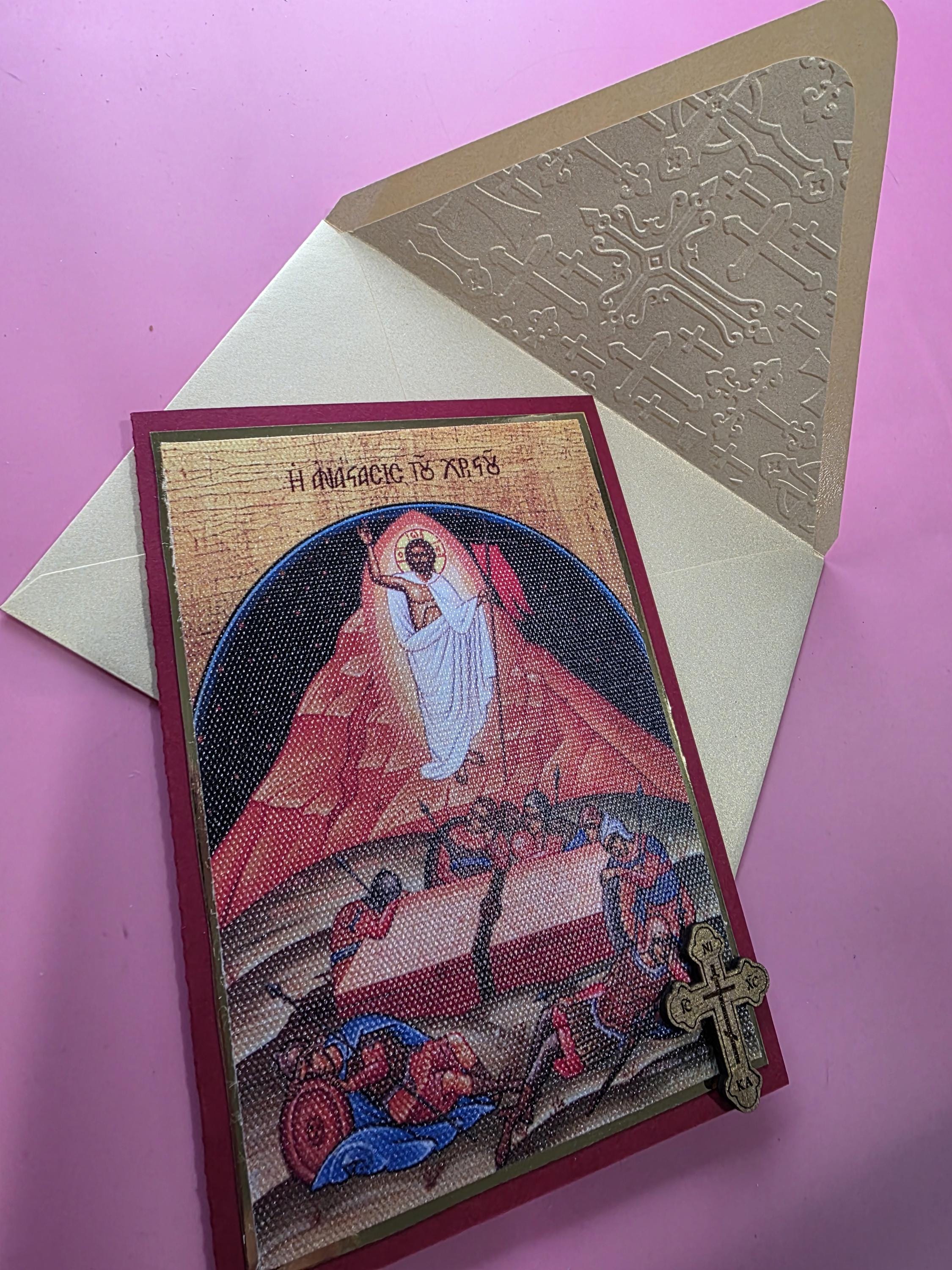 Greek Orthodox Resurrection Icon Handmade Card With Wooden Cross and ...