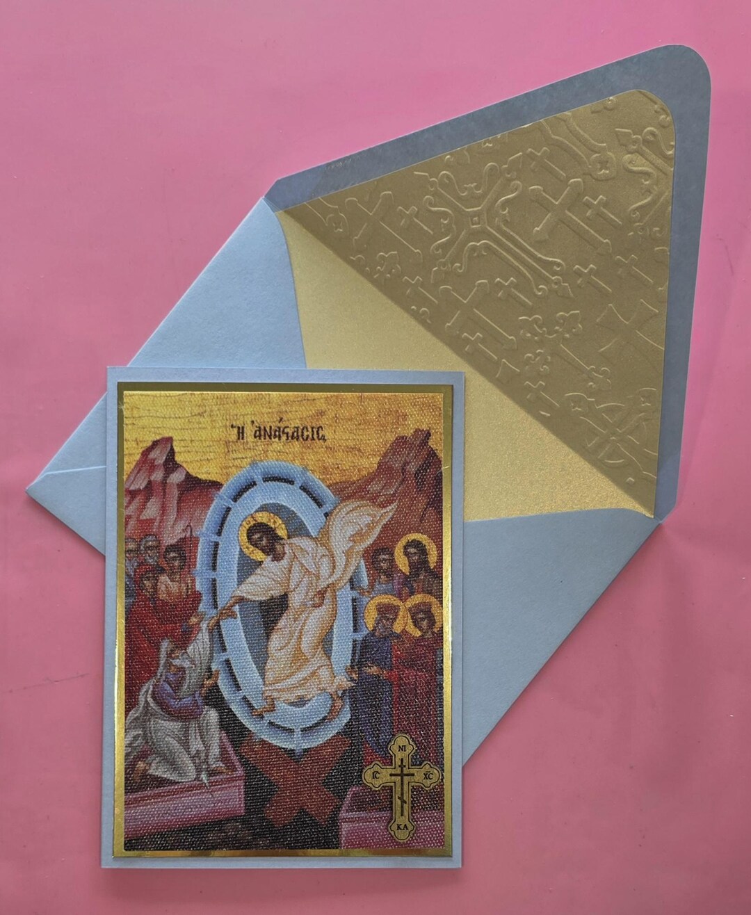 Greek Orthodox Resurrection Icon Handmade Card With Wooden Cross and ...