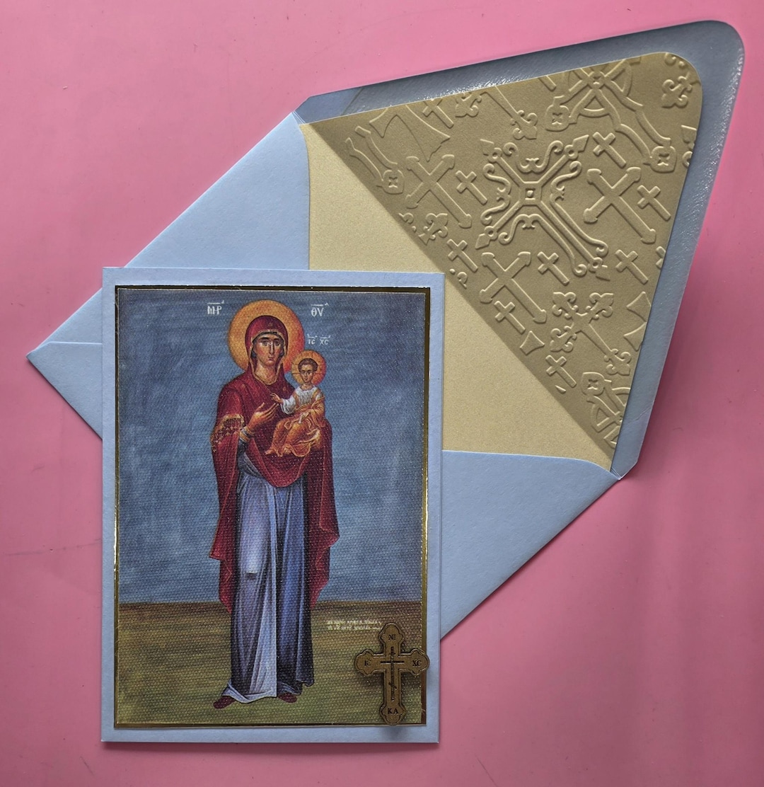 Greek Orthodox Theotokos Icon Handmade Card With Wooden Cross and Lined ...