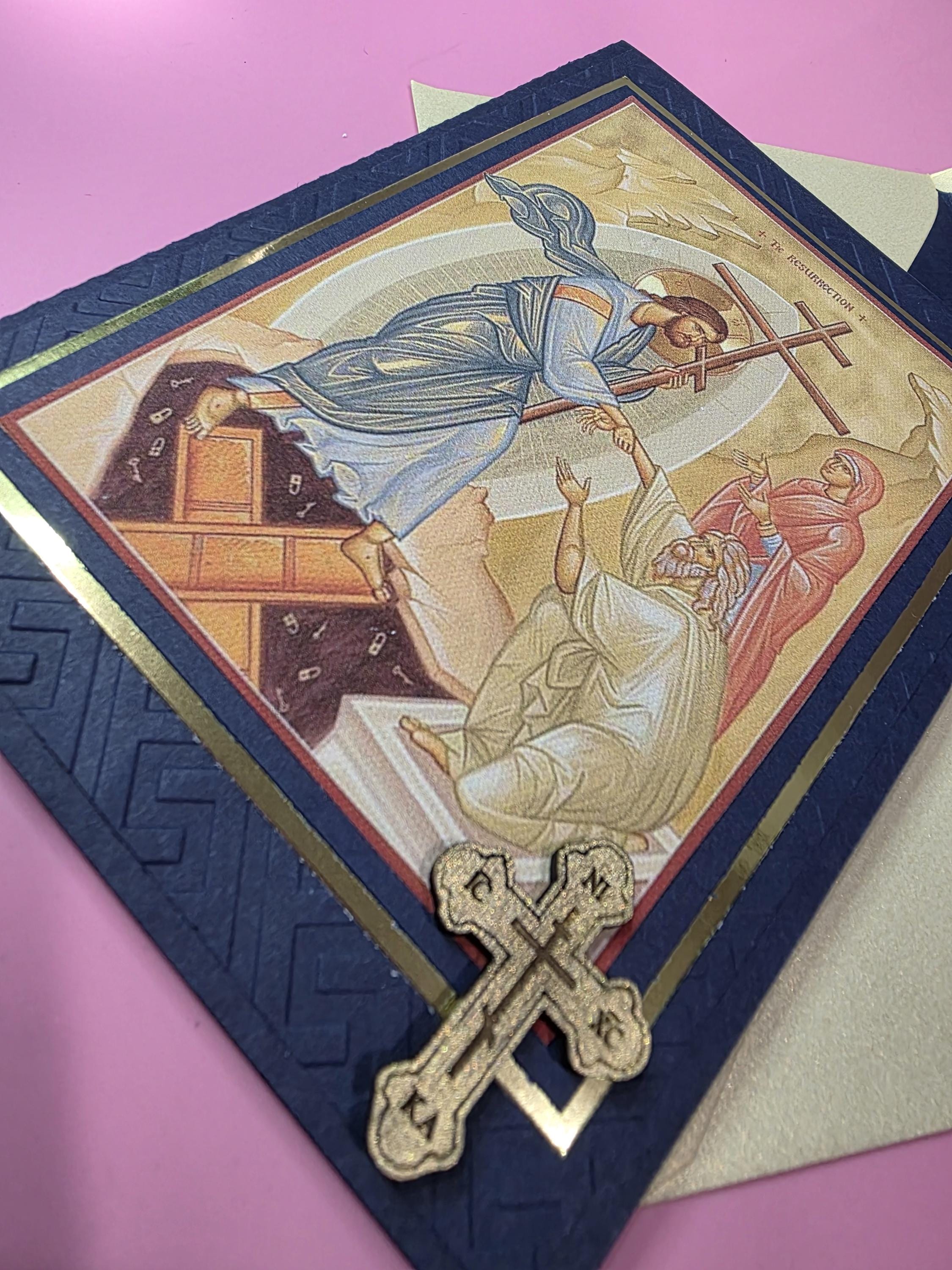 Greek Orthodox the Resurrection Icon Handmade Card With Wooden Cross ...
