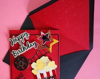 Happy Birthday Popcorn handmade card, lined embossed envelope