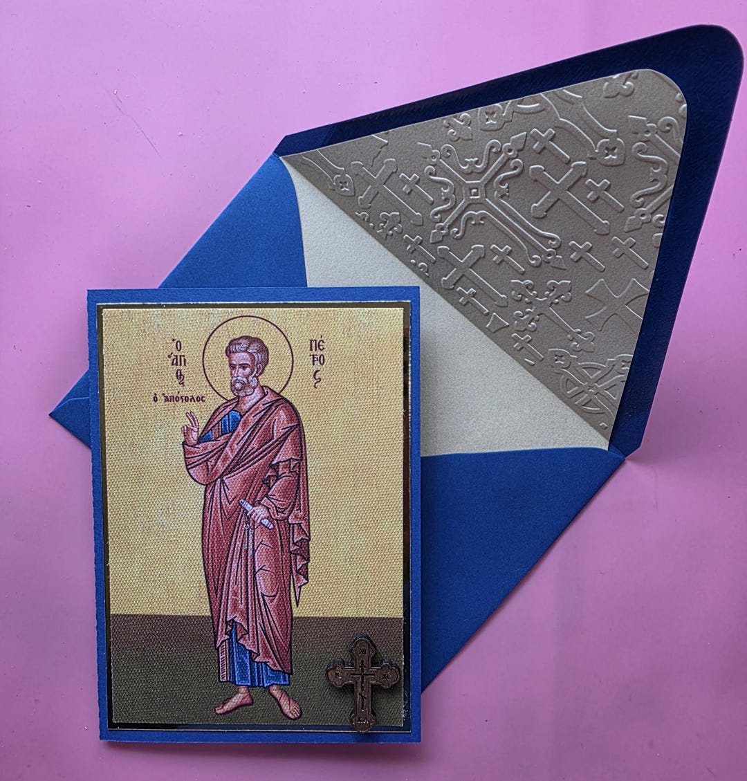 Greek Orthodox Saint Peter Icon Handmade Card With Wooden Cross and ...