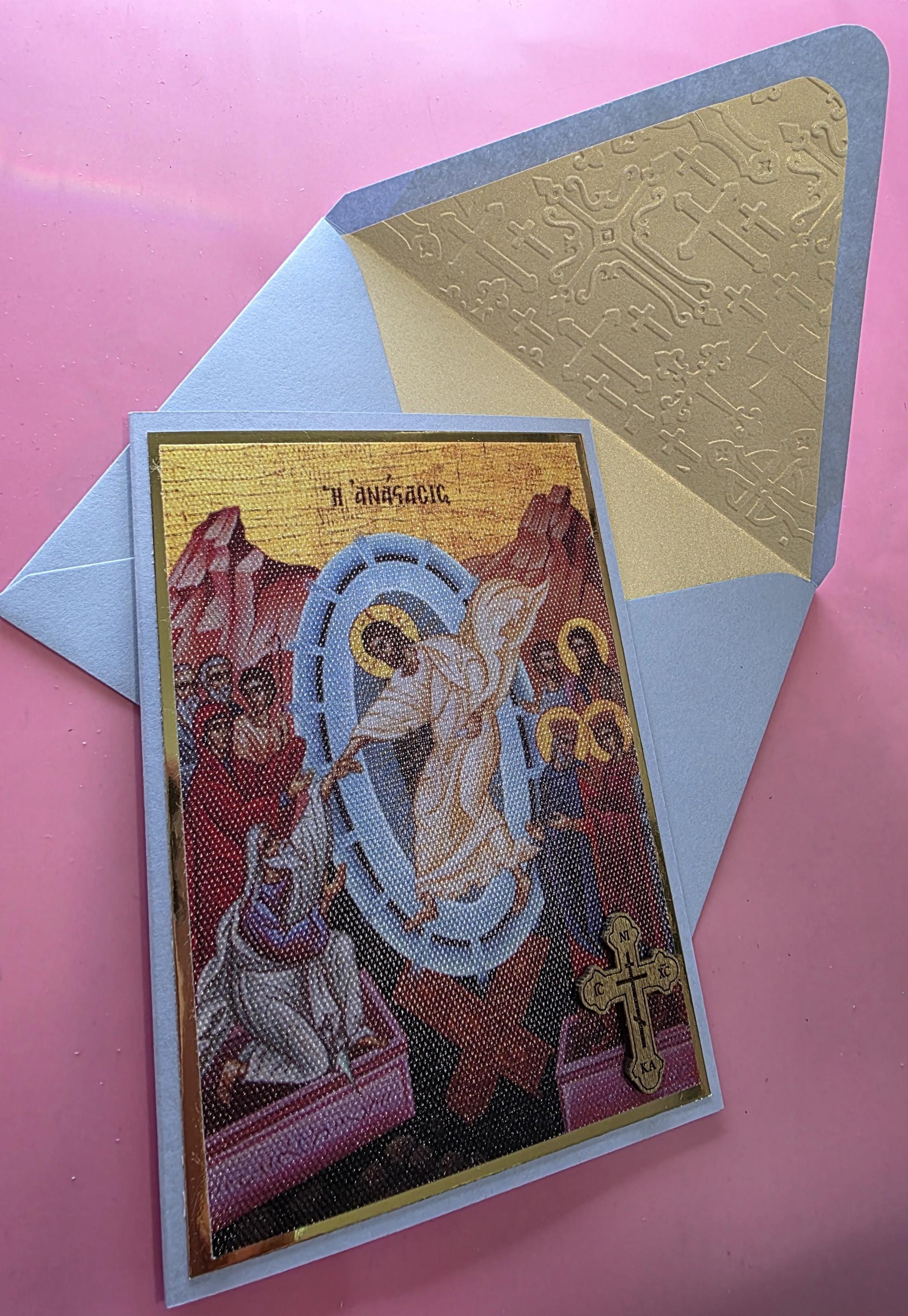 Greek Orthodox Resurrection Icon Handmade Card With Wooden Cross and ...