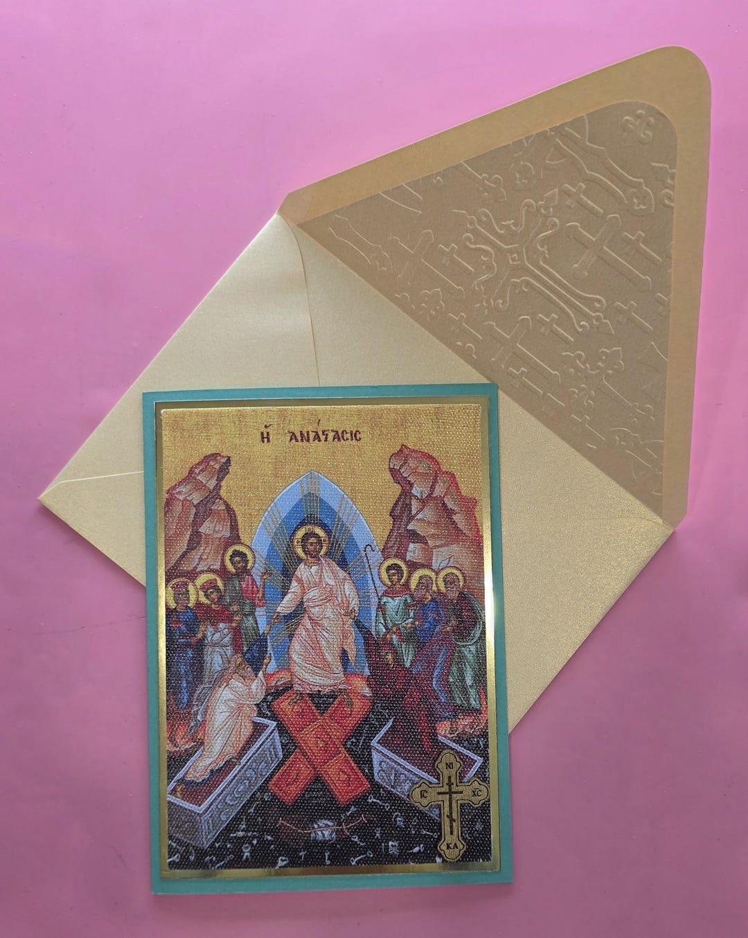 Greek Orthodox Resurrection Icon Handmade Card With Wooden Cross and ...